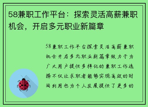 58兼职工作平台：探索灵活高薪兼职机会，开启多元职业新篇章