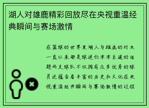 湖人对雄鹿精彩回放尽在央视重温经典瞬间与赛场激情