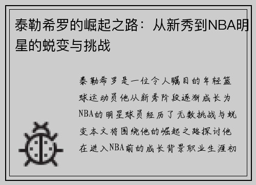 泰勒希罗的崛起之路：从新秀到NBA明星的蜕变与挑战