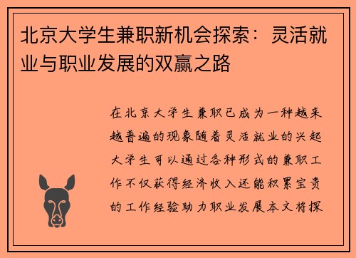 北京大学生兼职新机会探索：灵活就业与职业发展的双赢之路
