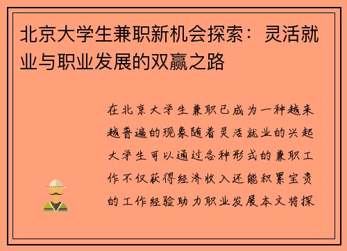 北京大学生兼职新机会探索：灵活就业与职业发展的双赢之路