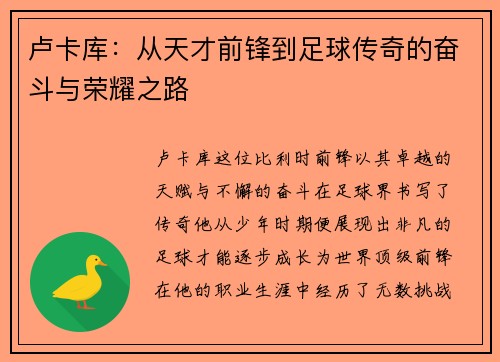 卢卡库：从天才前锋到足球传奇的奋斗与荣耀之路