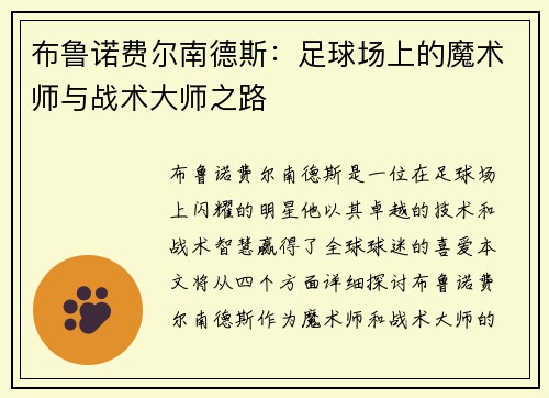 布鲁诺费尔南德斯：足球场上的魔术师与战术大师之路