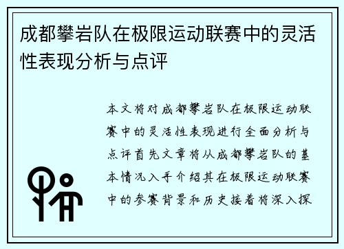成都攀岩队在极限运动联赛中的灵活性表现分析与点评