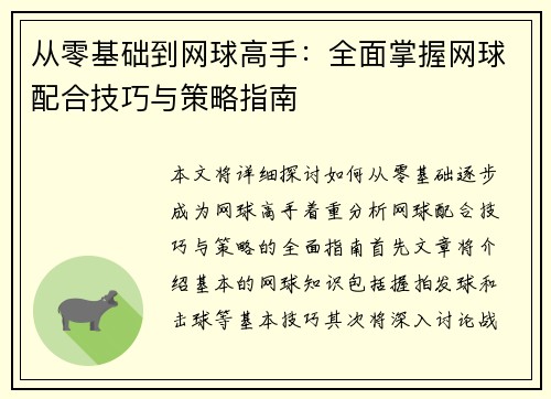 从零基础到网球高手：全面掌握网球配合技巧与策略指南