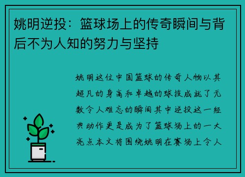 姚明逆投：篮球场上的传奇瞬间与背后不为人知的努力与坚持