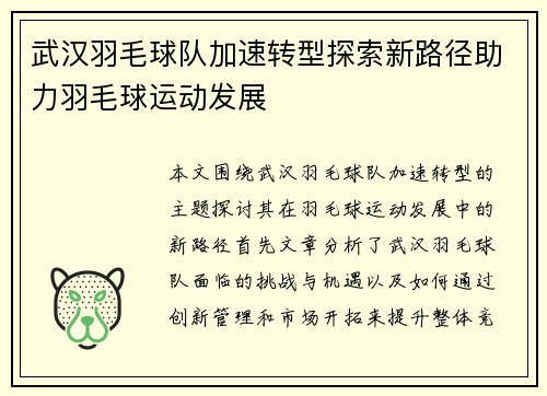 武汉羽毛球队加速转型探索新路径助力羽毛球运动发展