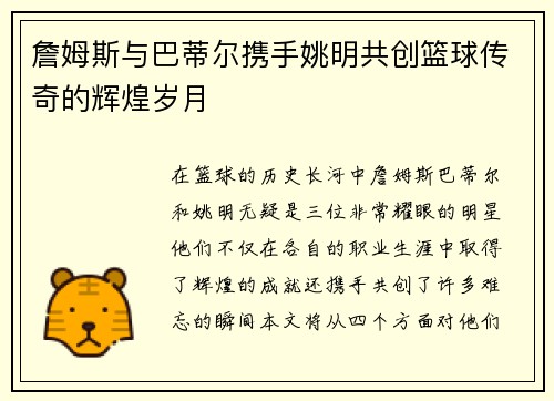 詹姆斯与巴蒂尔携手姚明共创篮球传奇的辉煌岁月