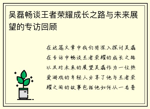 吴磊畅谈王者荣耀成长之路与未来展望的专访回顾