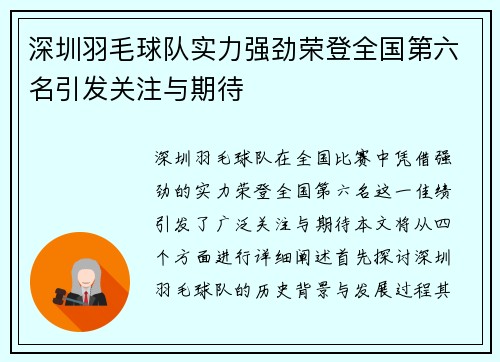 深圳羽毛球队实力强劲荣登全国第六名引发关注与期待