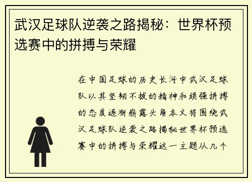 武汉足球队逆袭之路揭秘：世界杯预选赛中的拼搏与荣耀
