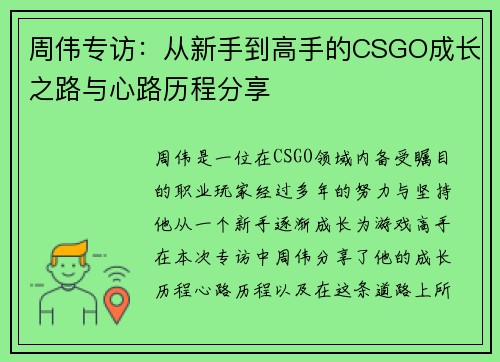 周伟专访：从新手到高手的CSGO成长之路与心路历程分享